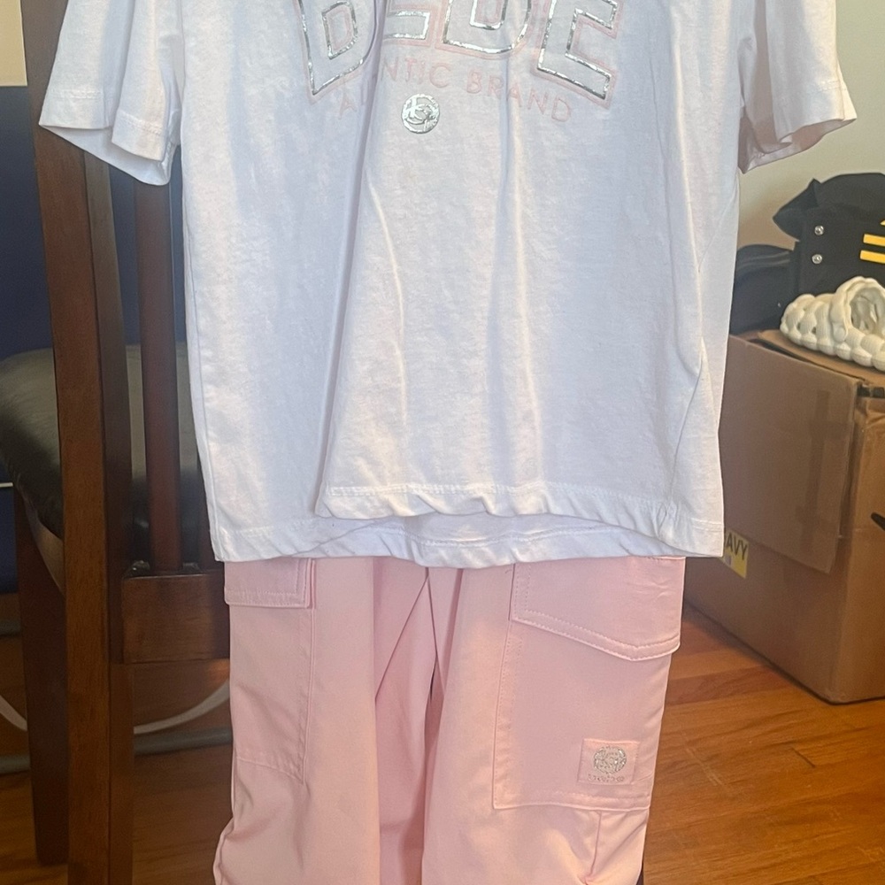 Bebe White Tee and Pink Cargo Pants Set